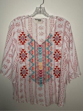 Savanna Jane embroidered Boho style top with 3/4 flutter sleeves: Large